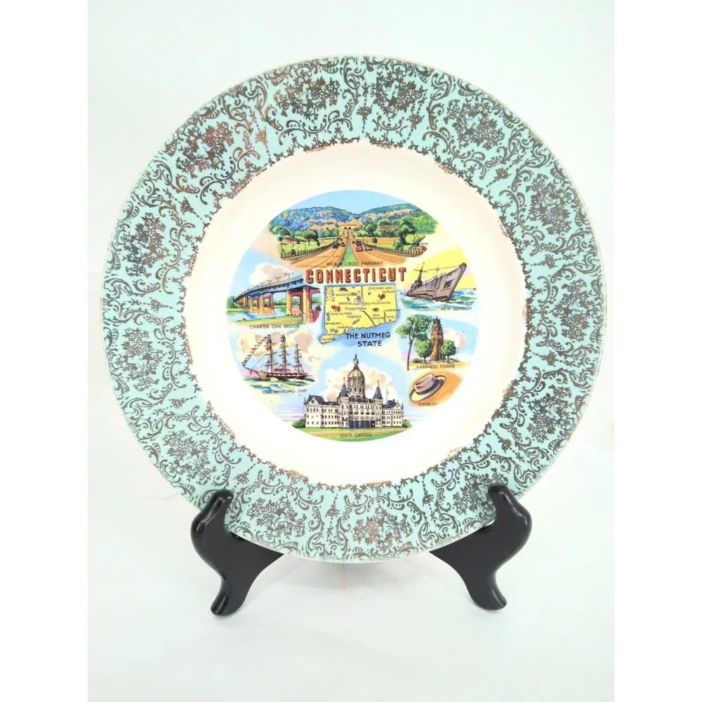 Homer Laughlin Connecticut State Decorative Plate Gold Green Teal State Souvenir